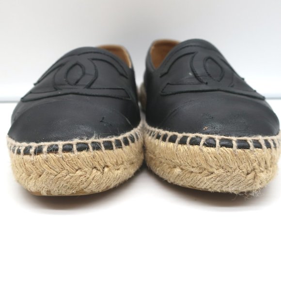 CHANEL CC ESPADRILLES BLACK LEATHER SIZE 37 - Picture 5 of 13